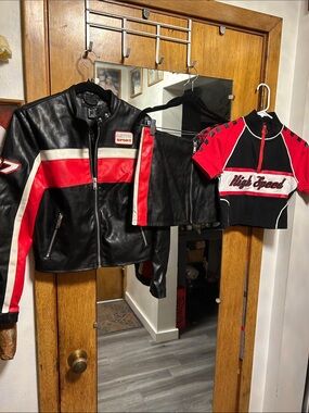 Forever 21 Black and Red Faux Leather Moto Jacket, Mini Skirt & Crop Top Set